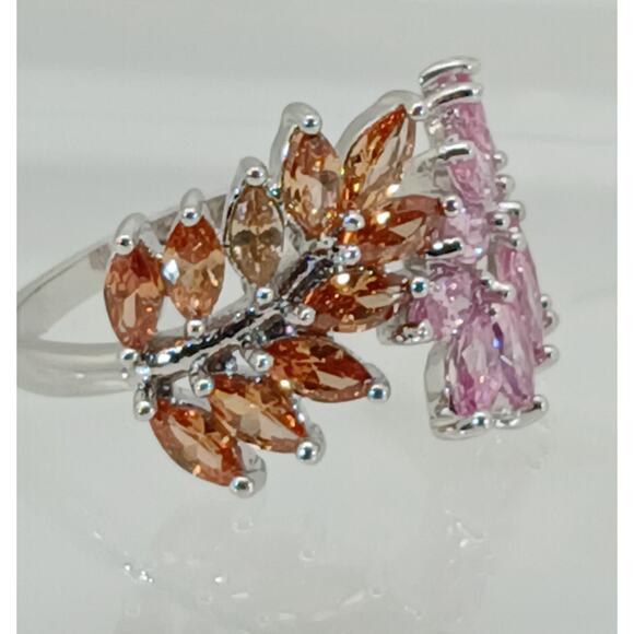 Vintage Ring Size 9.5 Silver Tone White Gold GP Pink Champagne Amber CZ Spray - Picture 1 of 10